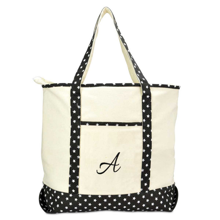 Dalix Personalized Shopping Tote Bag Monogram Black Star Initial Zippered Letter A-Z