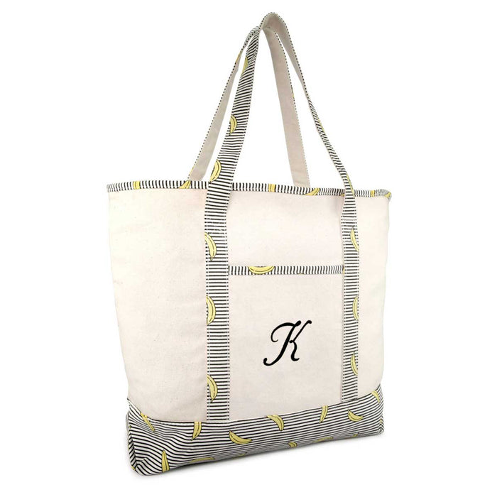 Dalix Personalized Shopping Tote Bag Monogram Initial Zippered Letter A-Z Banana