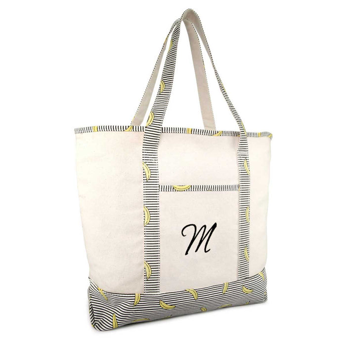Dalix Personalized Shopping Tote Bag Monogram Initial Zippered Letter A-Z Banana