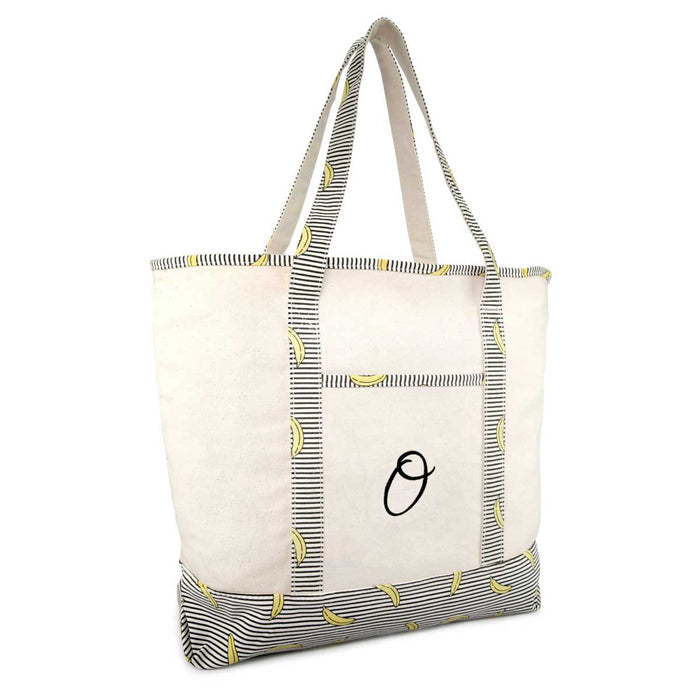 Dalix Personalized Shopping Tote Bag Monogram Initial Zippered Letter A-Z Banana