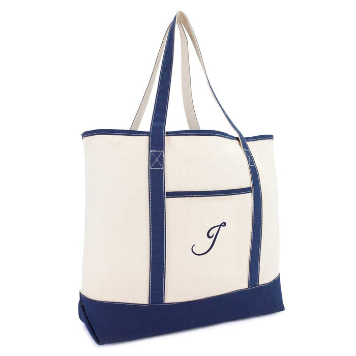 Dalix Personalized Tote Bag For Women Monogram Initial Open Top Navy Blue A-Z