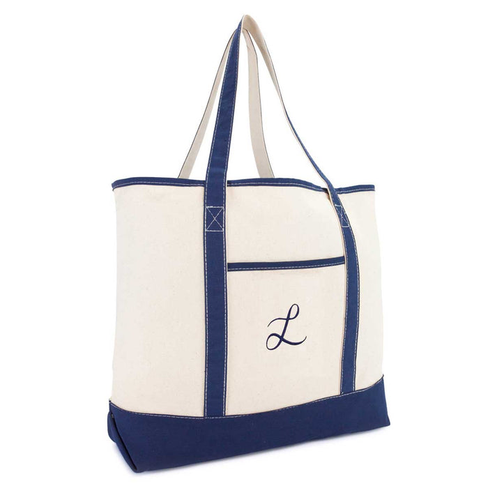 Dalix Personalized Tote Bag For Women Monogram Initial Open Top Navy Blue A-Z