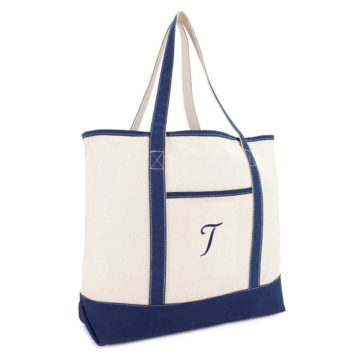Dalix Personalized Tote Bag For Women Monogram Initial Open Top Navy Blue A-Z