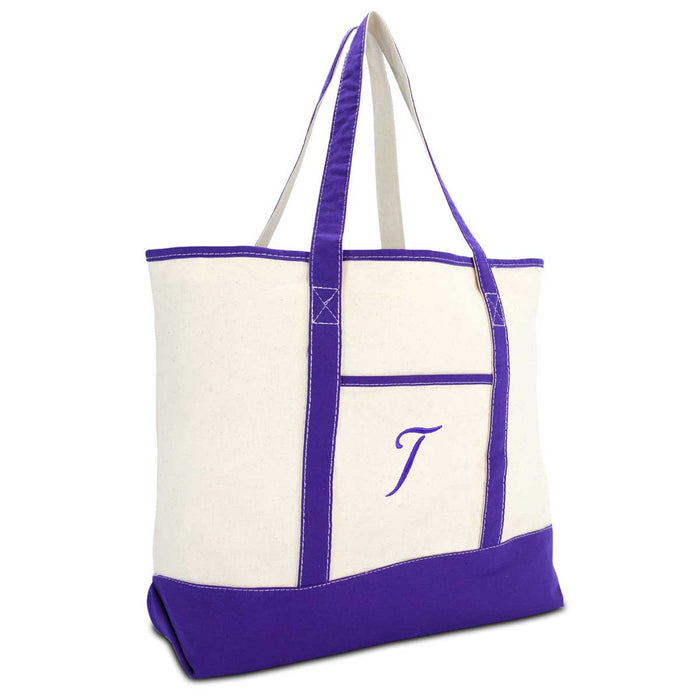 Dalix Women's Canvas Tote Bag Shoulder Bags Open Top Purple Monogram A-Z