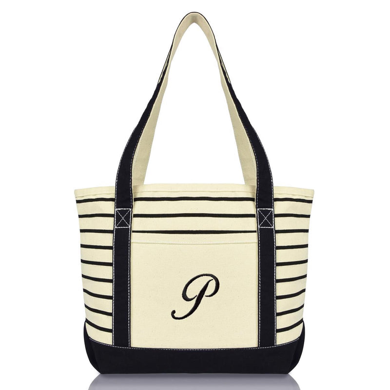 Dalix Striped P-Initial Tote Bag Womens Ballent Letter P