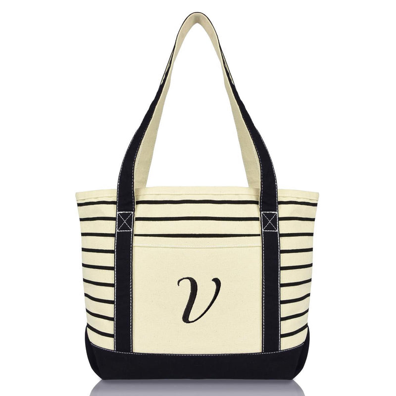 Dalix  Striped V-Initial Tote Bag Womens Ballent Letter V