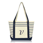 Dalix  Striped V-Initial Tote Bag Womens Ballent Letter V