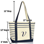 Dalix  Striped V-Initial Tote Bag Womens Ballent Letter V