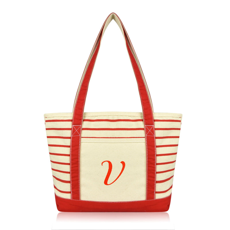 Dalix  Striped V-Initial Tote Bag Womens Ballent Letter V