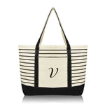 Dalix  Striped V-Initial Tote Bag Womens Ballent Letter V