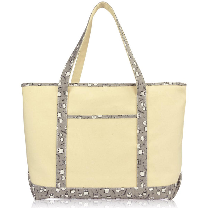Dalix Owl Tote Shoulder Bag Natural Cotton Canvas